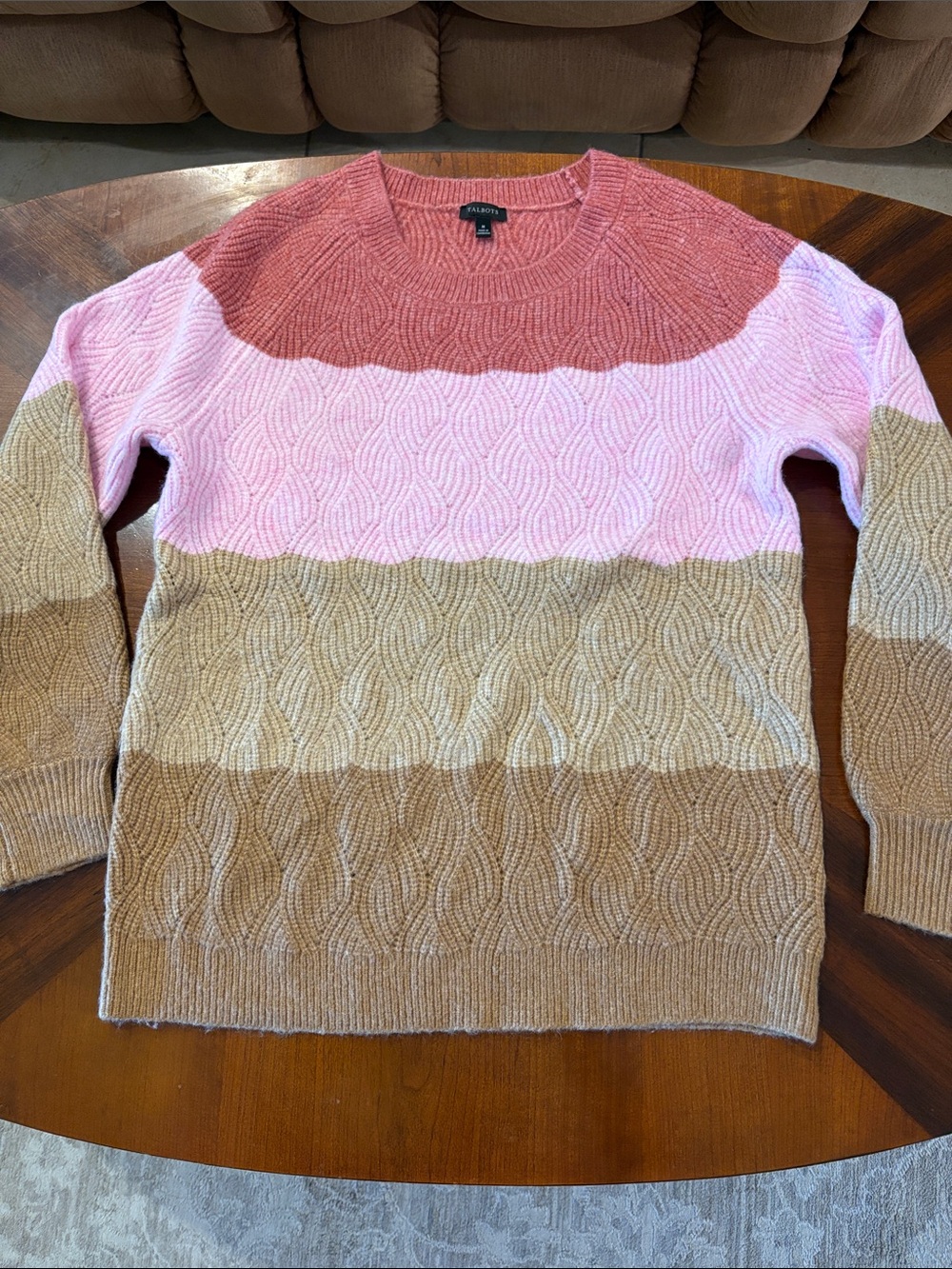 Talbots Women’s Cable Knit Crewneck Wavy Stripe Sweater - Pink & Tan